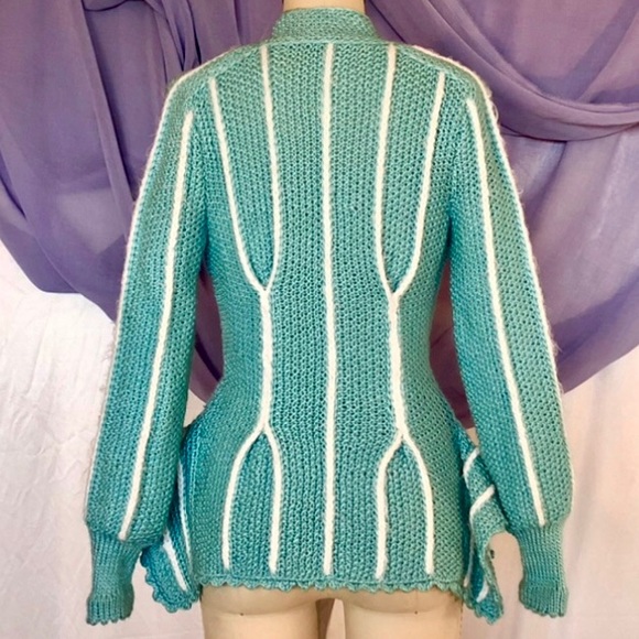 New Custom Design Hand knitted wool blend crochet sweater size XSmall teal white - Picture 5 of 8